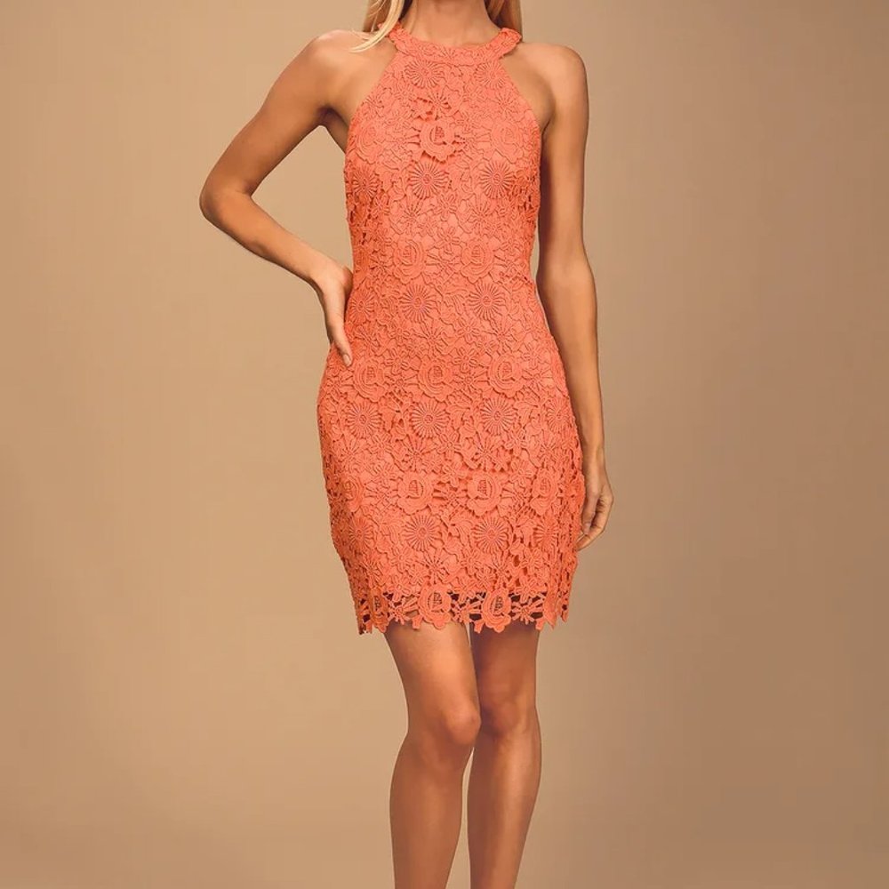 Lulus Love Poem Lace Dress - Coral Orange, L